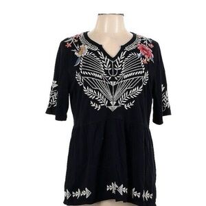 Johnny Was Black Embellished Blouse with V-Neck and Short Sleeves